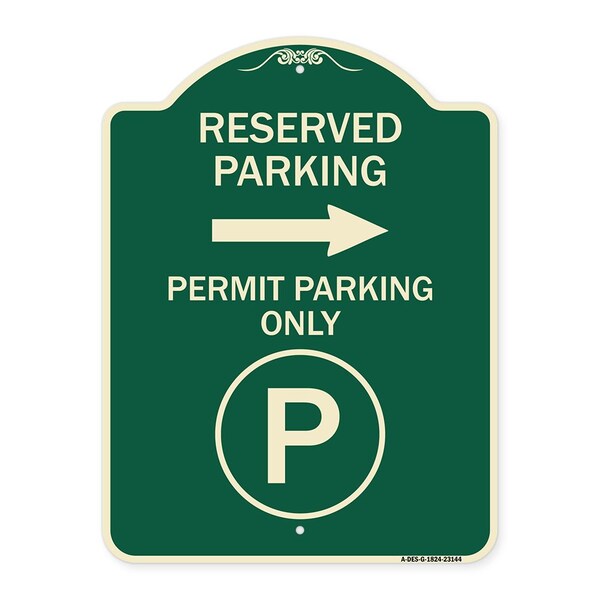 Reserved Parking Permit Parking with Symbol and Right Arrow Aluminum Sign, 24" x 18", G-1824-23144